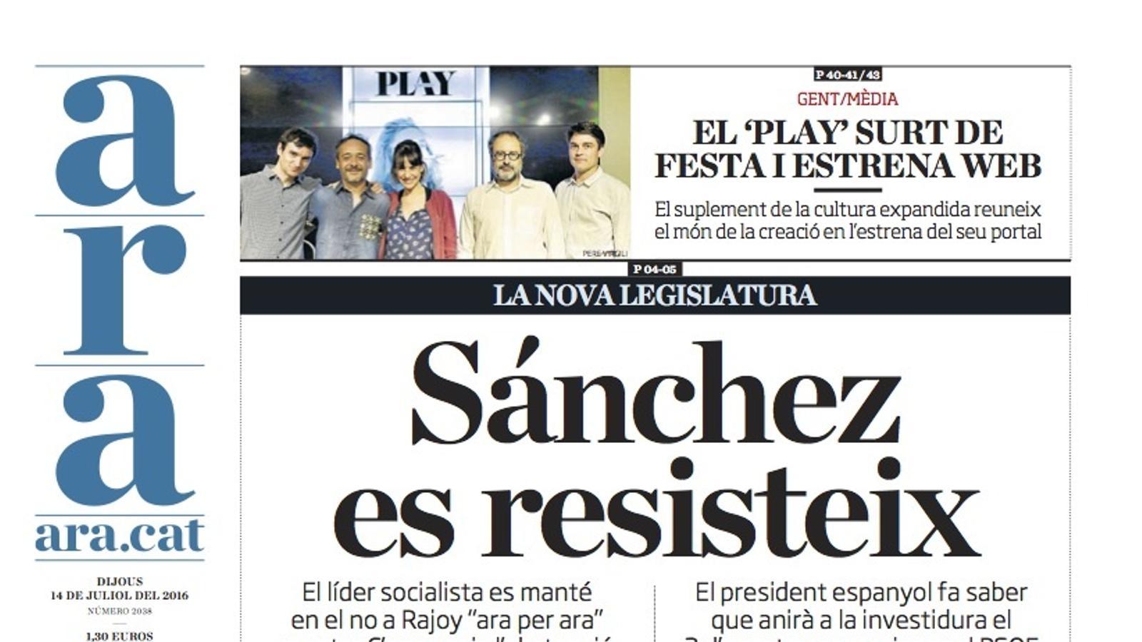 "Sánchez es resisteix", portada de l'ARA