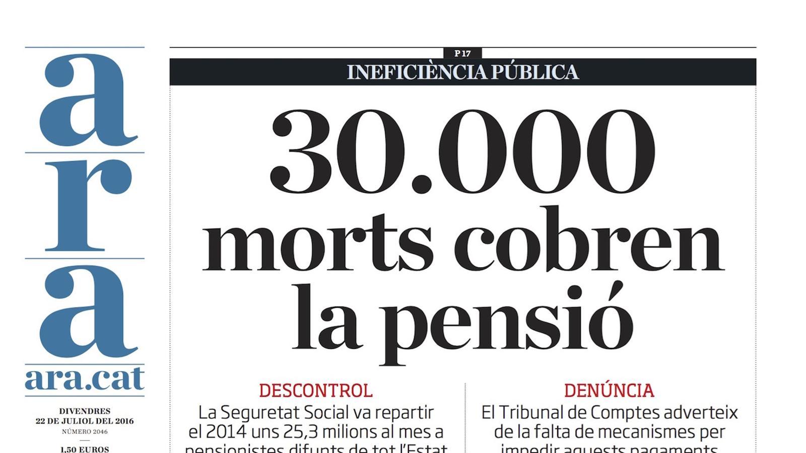 "30.000 morts cobren la pensió", portada de l'ARA