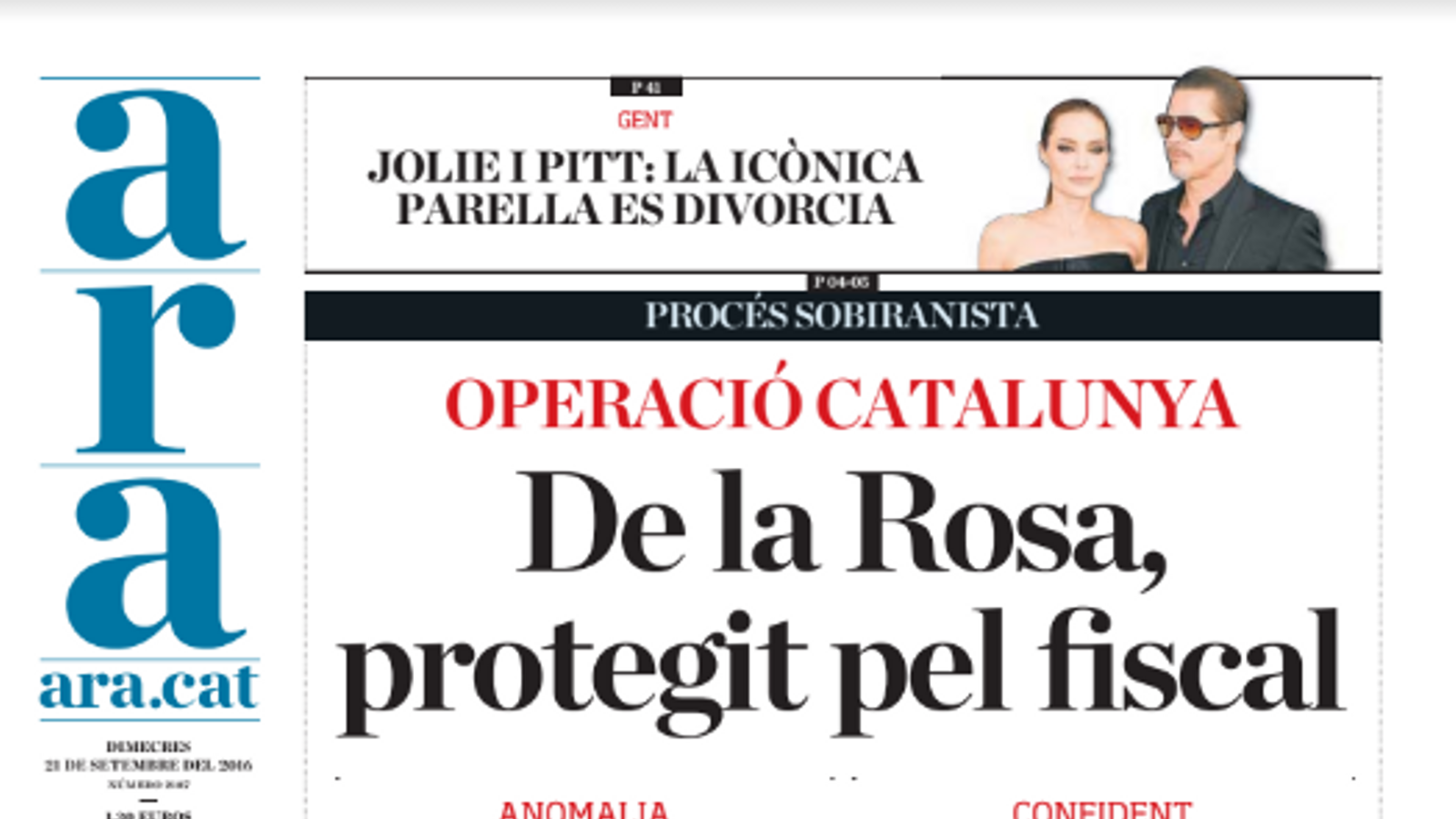 "Operació Catalunya: De la Rosa, protegit pel fiscal", portada de l'ARA d'aquest dimecres
