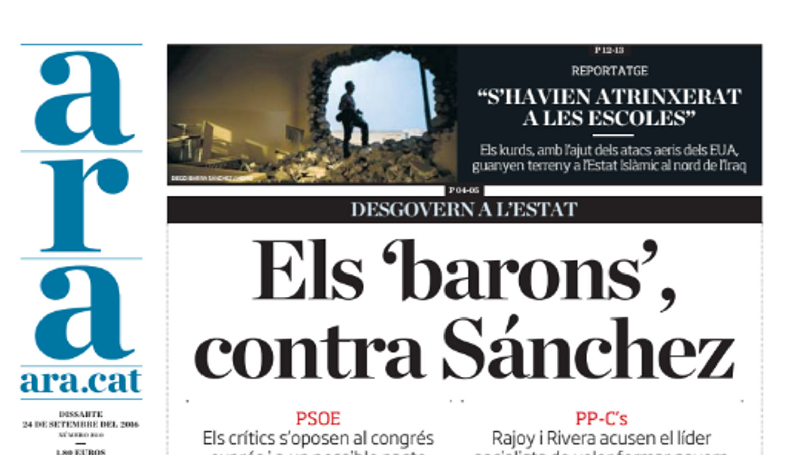 "Els 'barons' contra Sánchez", portada de l'ARA d'aquest dissabte