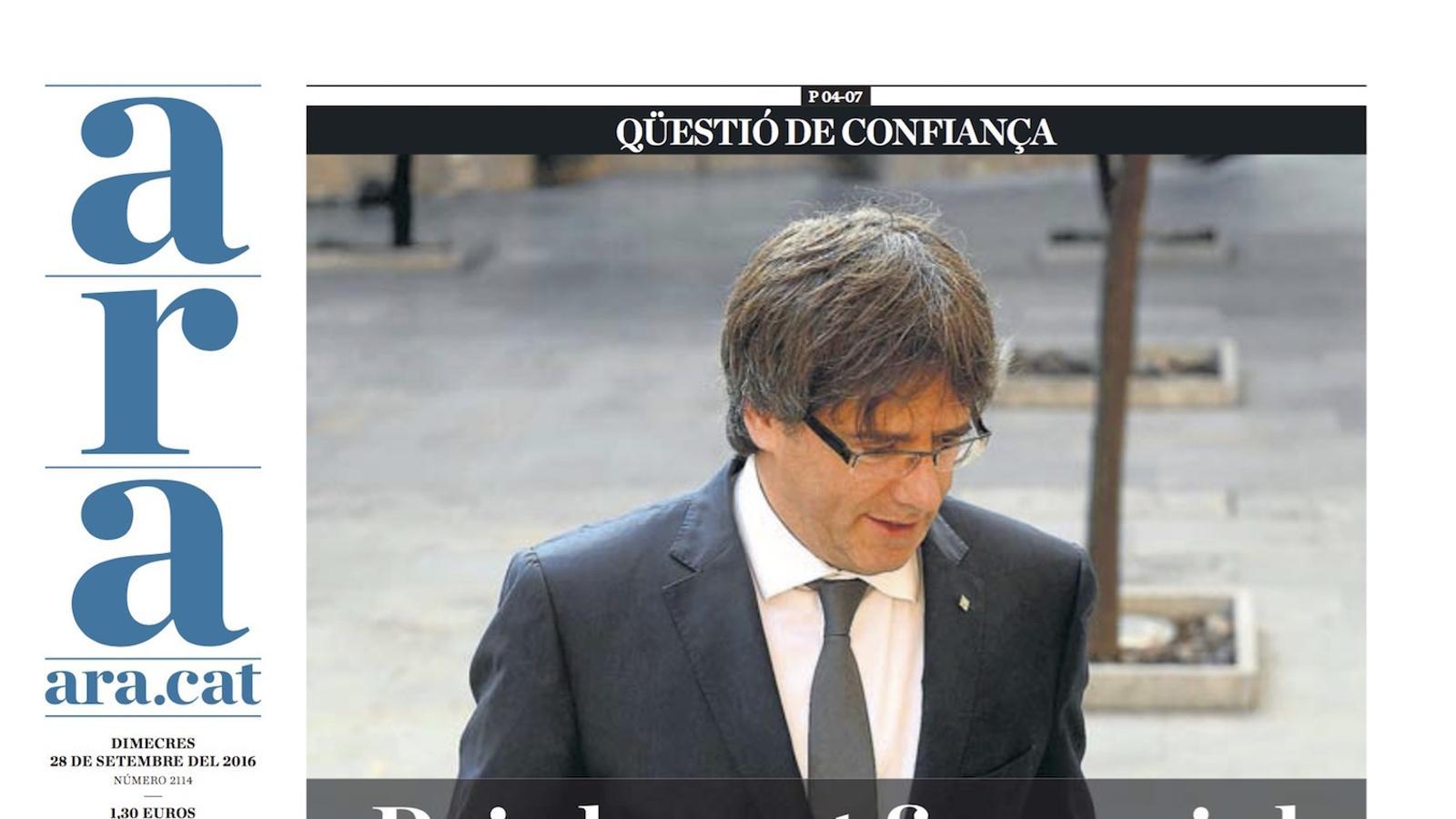"Puigdemont fixa avui el rumb cap al referèndum", portada de l'ARA