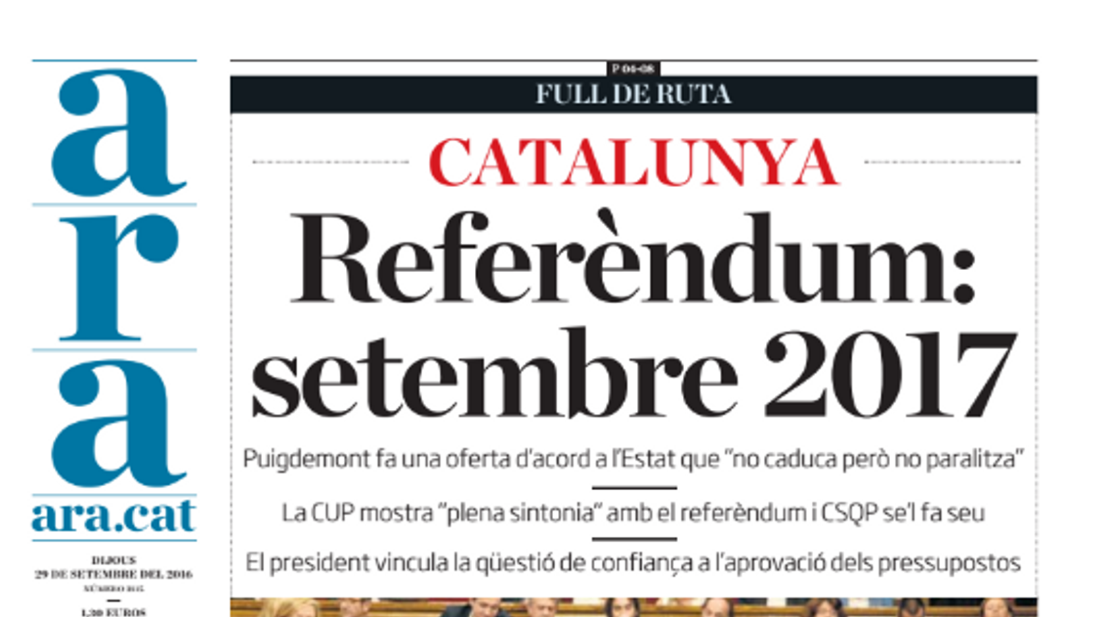 "Catalunya: referèndum, setembre 2017", portada de l'ARA d'aquest dijous