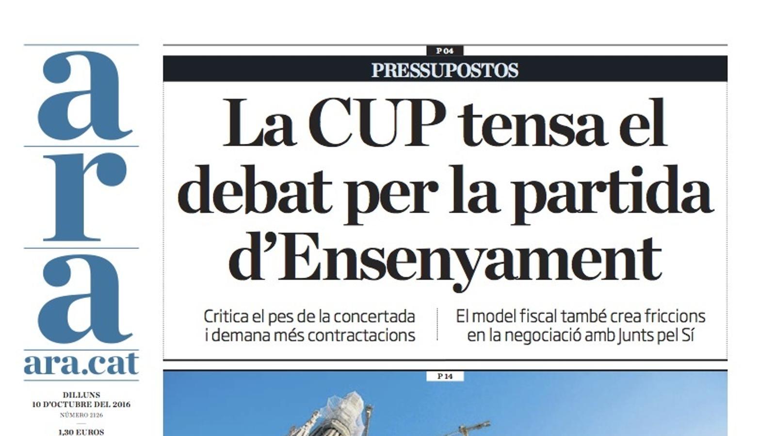 "La CUP tensa el debat per la partida d'Ensenyament", portada de l'ARA