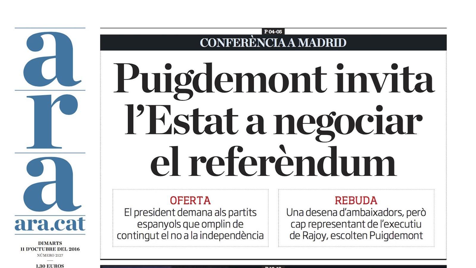 "Puigdemont invita l'Estat a negociar el referèndum", portada de l'ARA