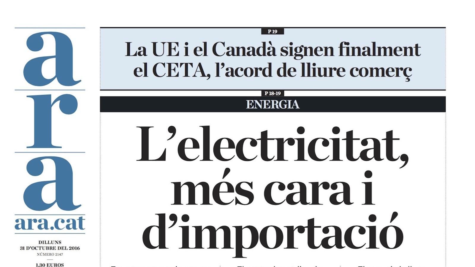 "L'electricitat, més cara i d'importació", portada de l'ARA