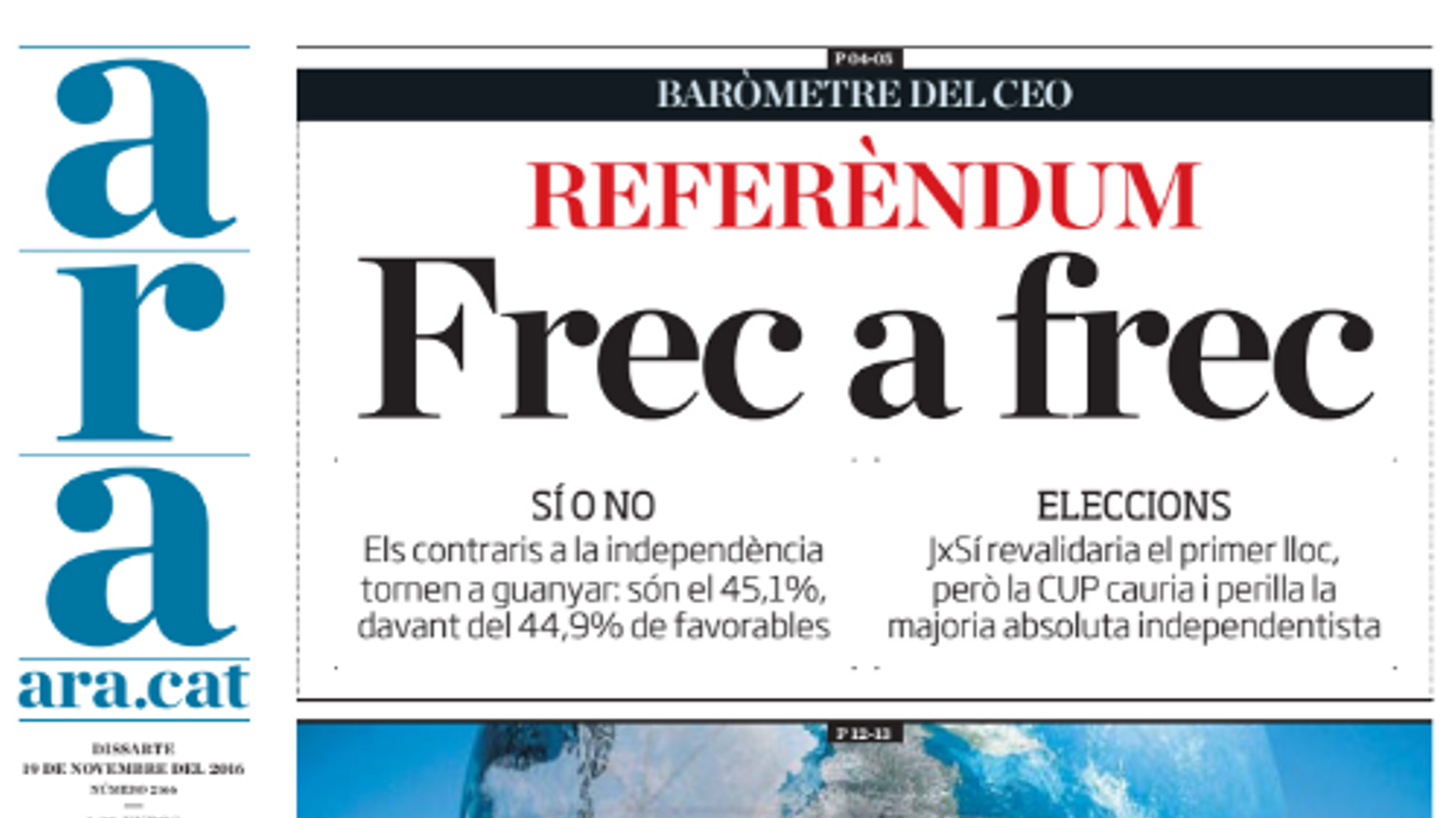 "Referèndum: frec a frec", portada de l'ARA d'aquest dissabte