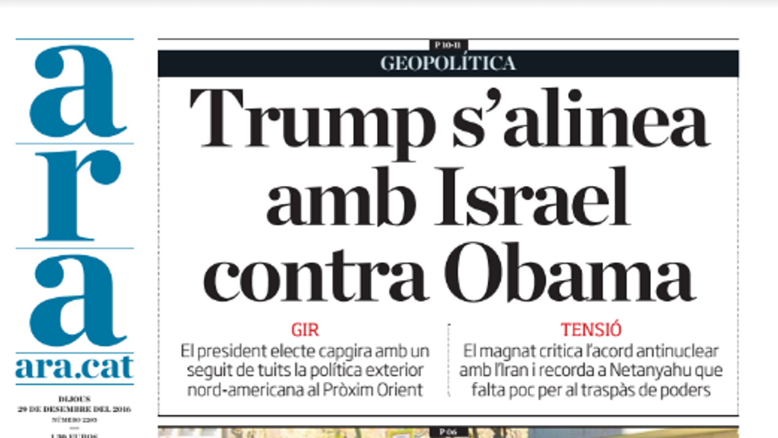 "Trump s'alinea amb Israel contra Obama", portada de l'ARA d'aquest dijous