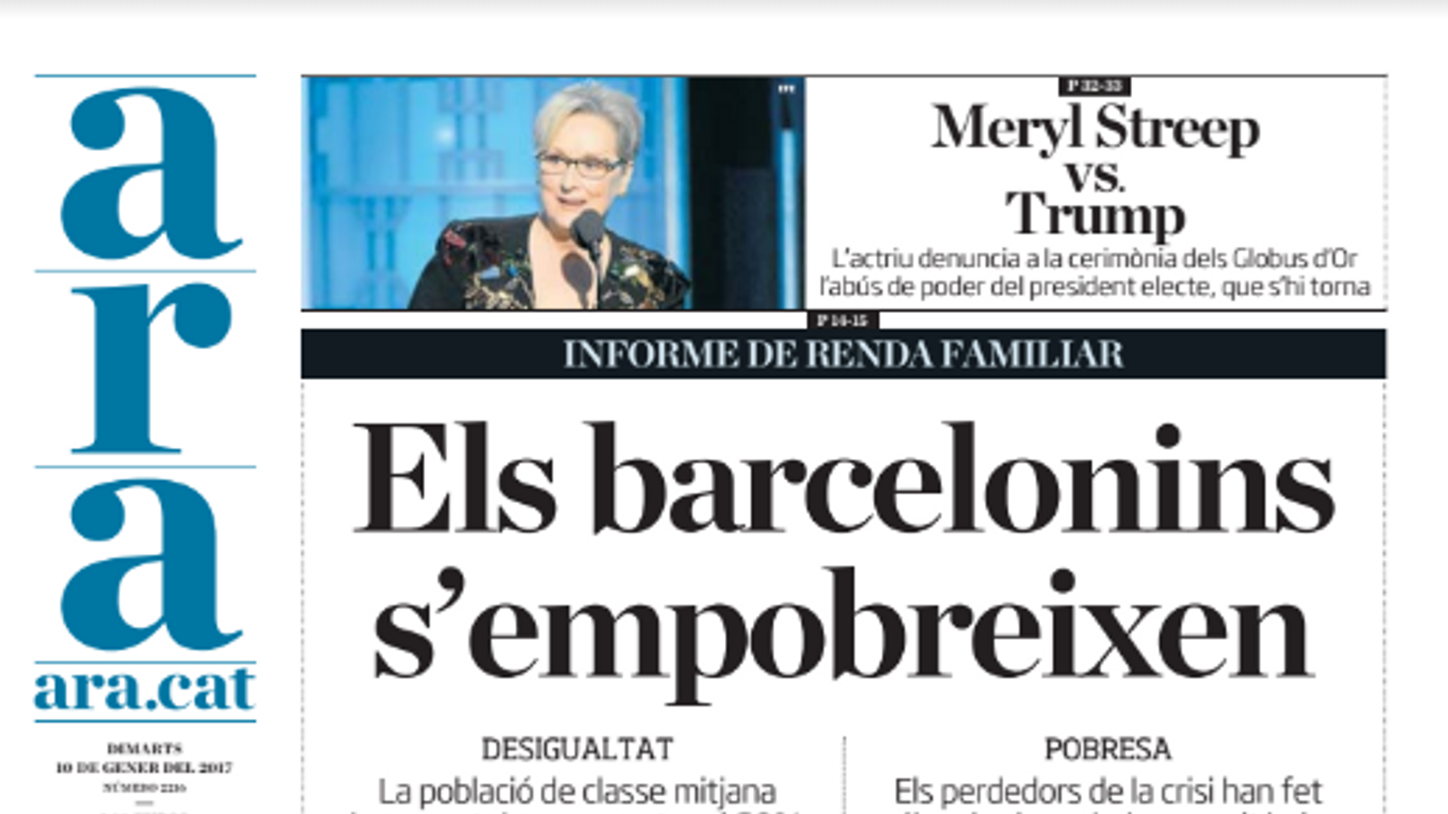 "Els barcelonins s'empobreixen", portada de l'ARA d'aquest dimarts