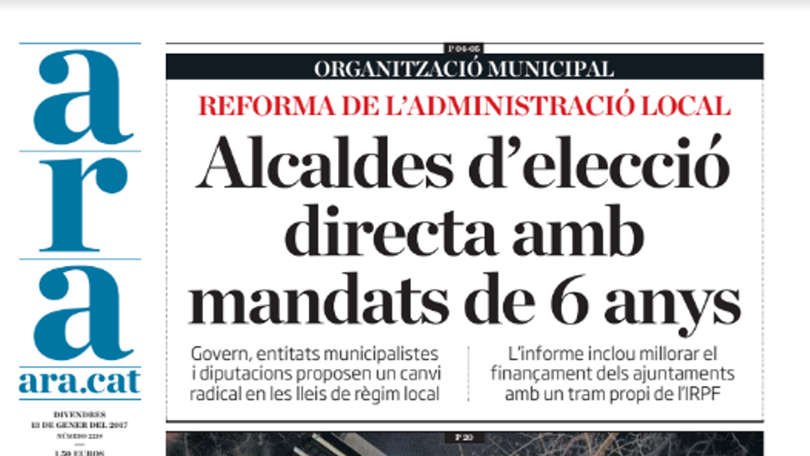 "Alcaldes d'elecció directa amb mandats de 6 anys", portada de l'ARA d'aquest divendres